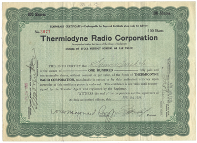 Thermiodyne Radio Corporation Stock Certificate