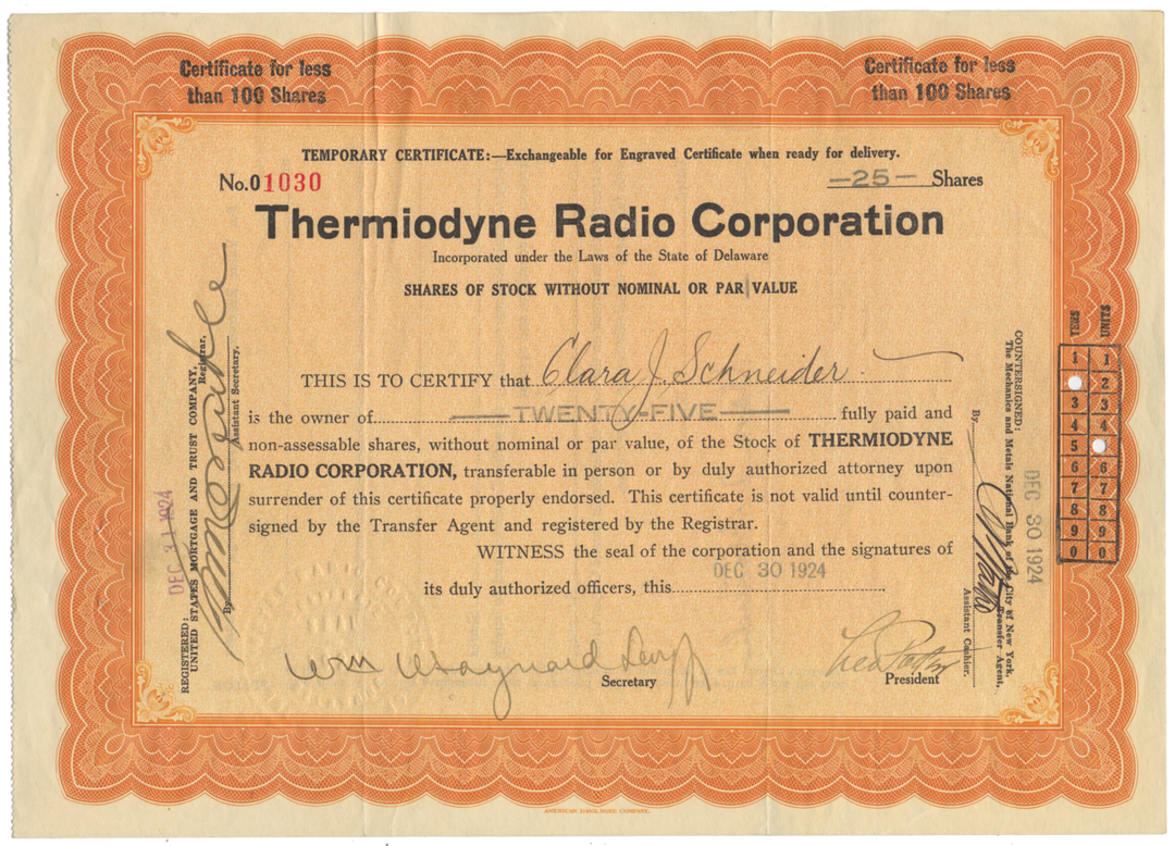 Thermiodyne Radio Corporation Stock Certificate