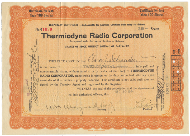 Thermiodyne Radio Corporation Stock Certificate