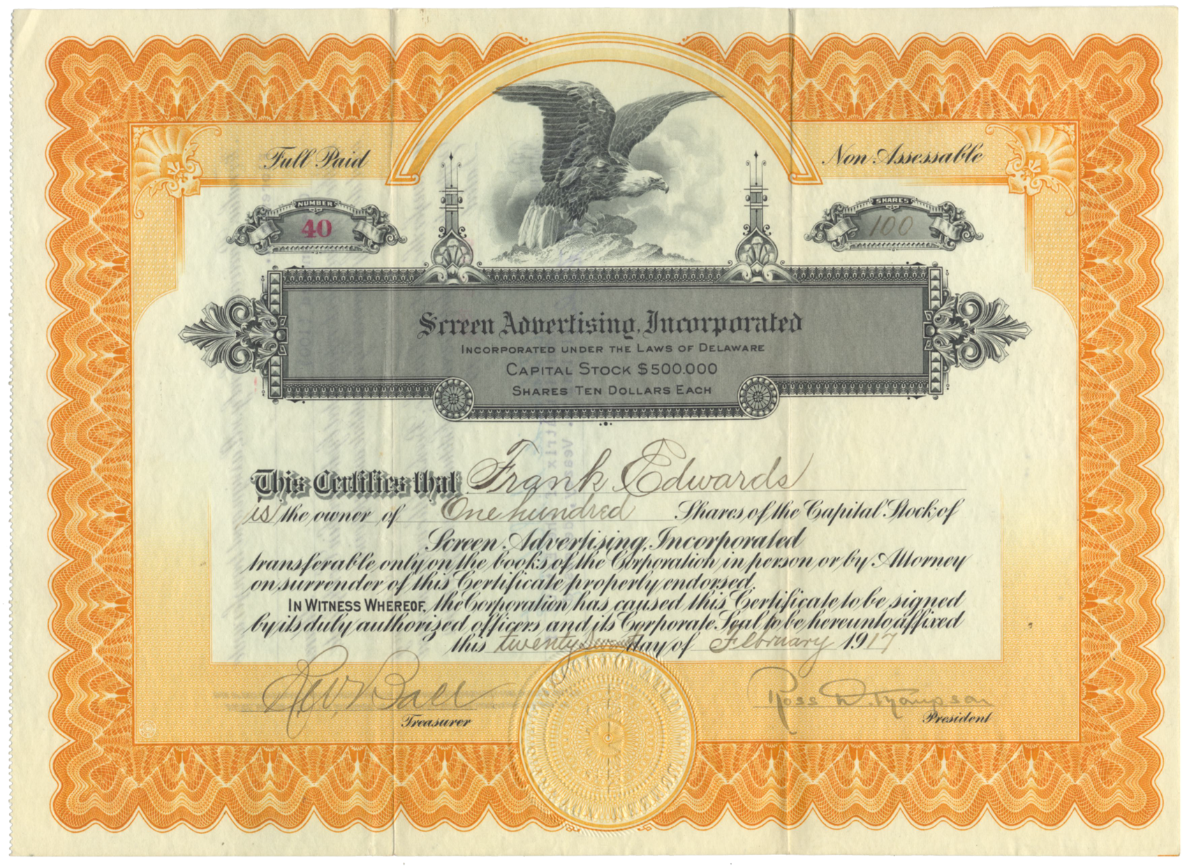 Screen Advertising, Incorporated Stock Certificate