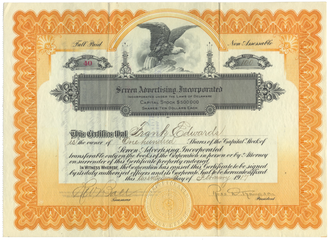 Screen Advertising, Incorporated Stock Certificate