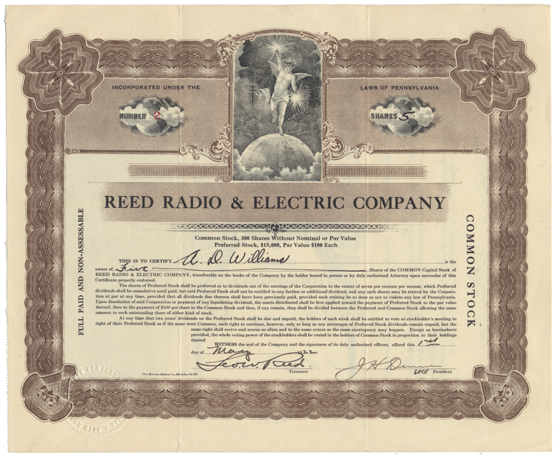 Reed Radio & Electric Company Stock Certificate