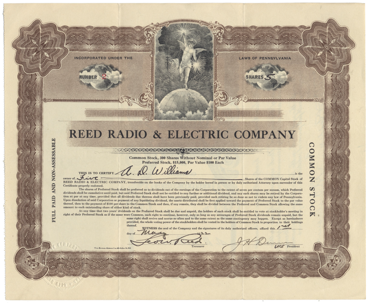 Reed Radio & Electric Company Stock Certificate