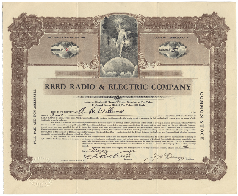 Reed Radio & Electric Company Stock Certificate