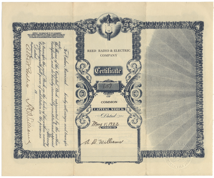 Reed Radio & Electric Company Stock Certificate