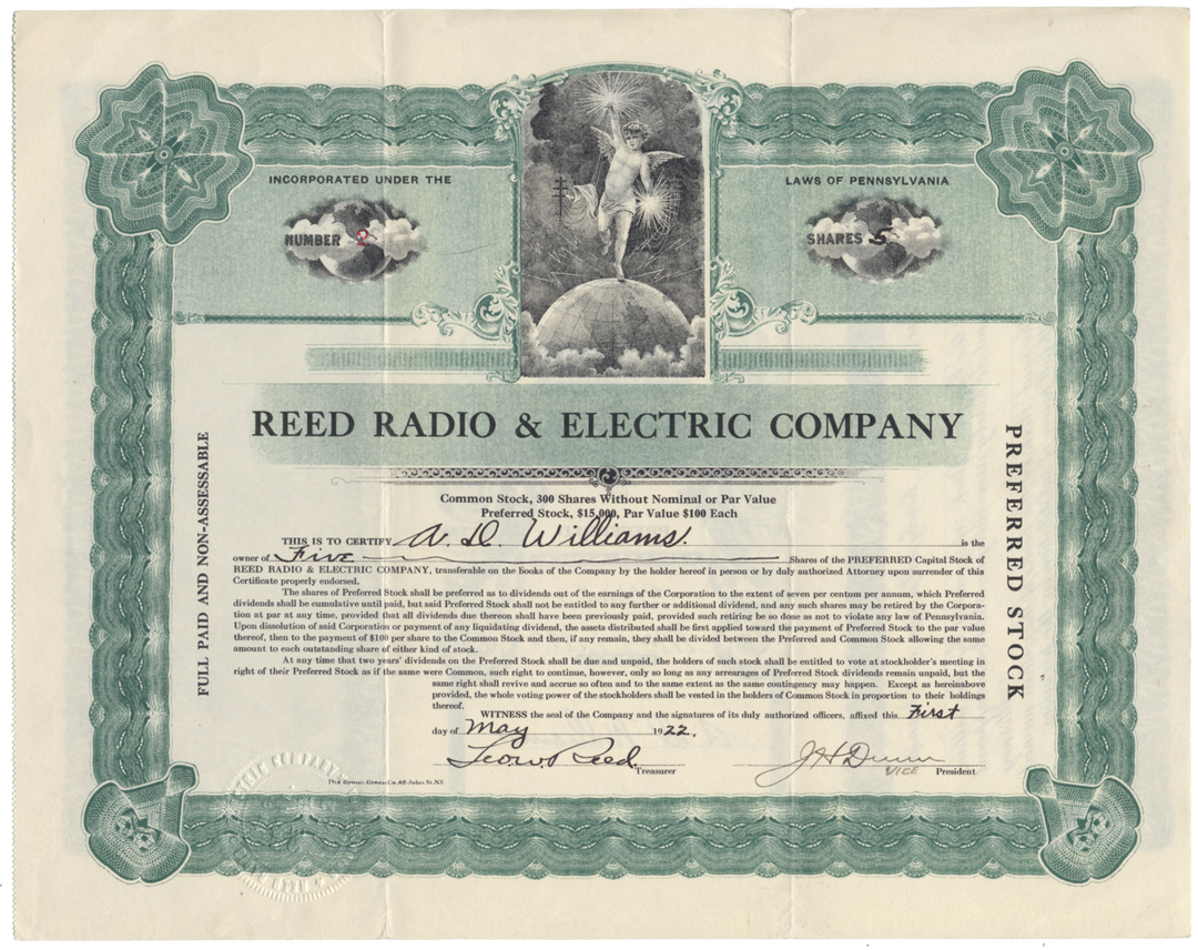 Reed Radio & Electric Company Stock Certificate