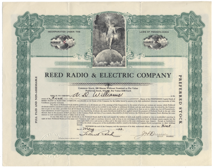 Reed Radio & Electric Company Stock Certificate