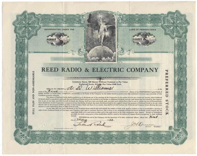 Reed Radio & Electric Company Stock Certificate