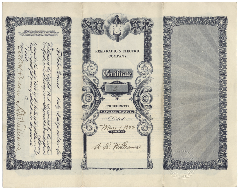 Reed Radio & Electric Company Stock Certificate