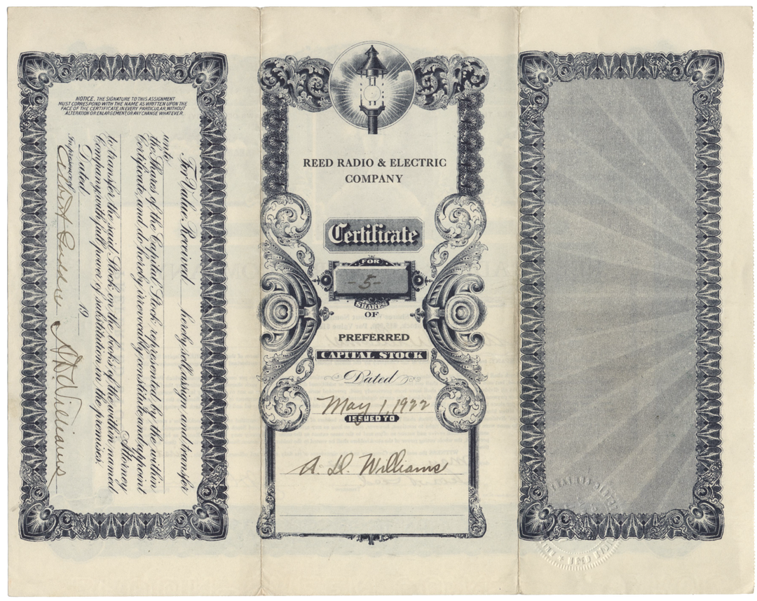 Reed Radio & Electric Company Stock Certificate