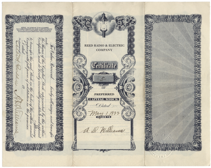 Reed Radio & Electric Company Stock Certificate