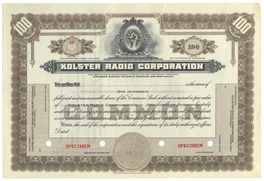 Kolster Radio Corporation Specimen Stock Certificate