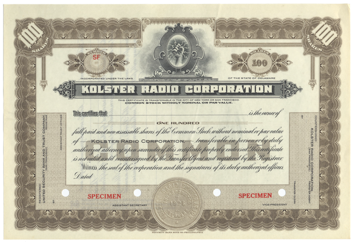 Kolster Radio Corporation Specimen Stock Certificate