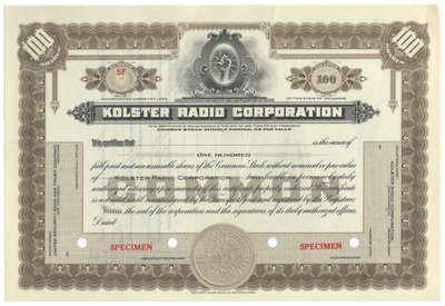 Kolster Radio Corporation Specimen Stock Certificate