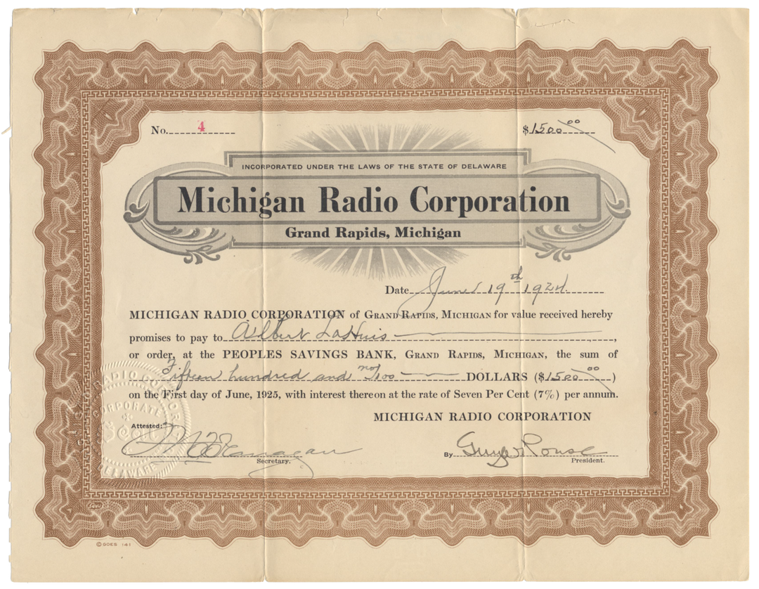 Michigan Radio Corporation Stock Certificate