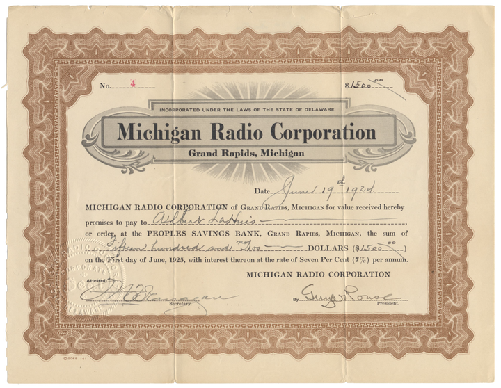 Michigan Radio Corporation Stock Certificate