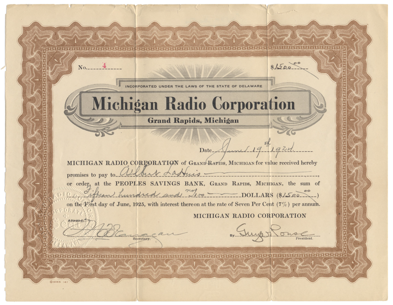 Michigan Radio Corporation Stock Certificate