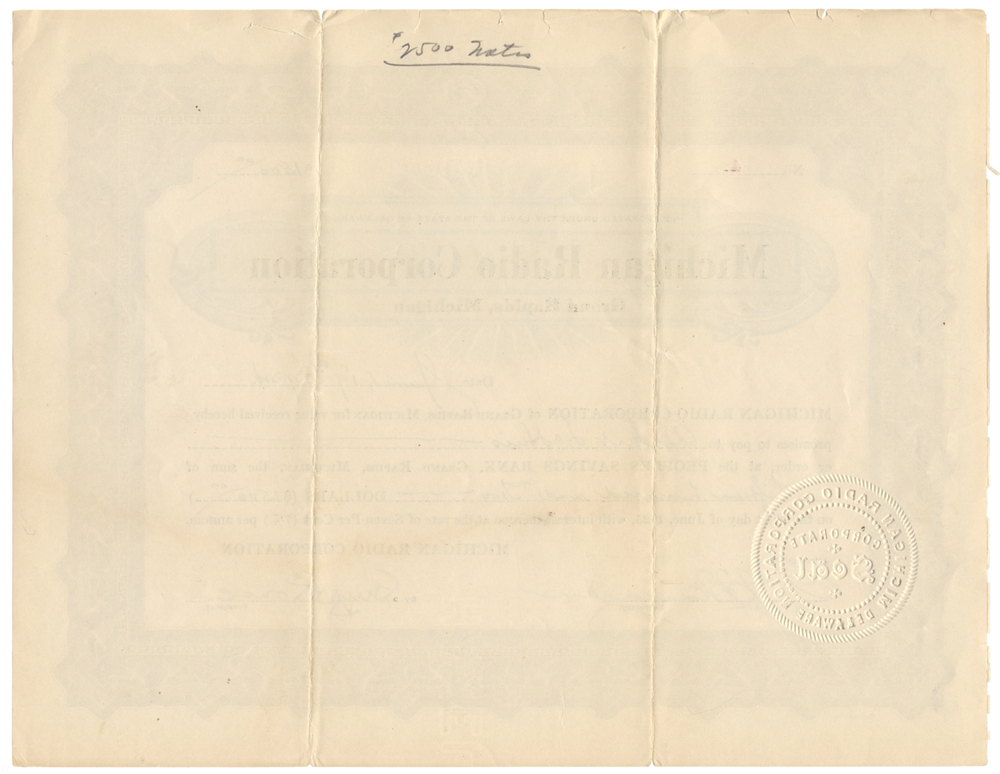 Michigan Radio Corporation Stock Certificate