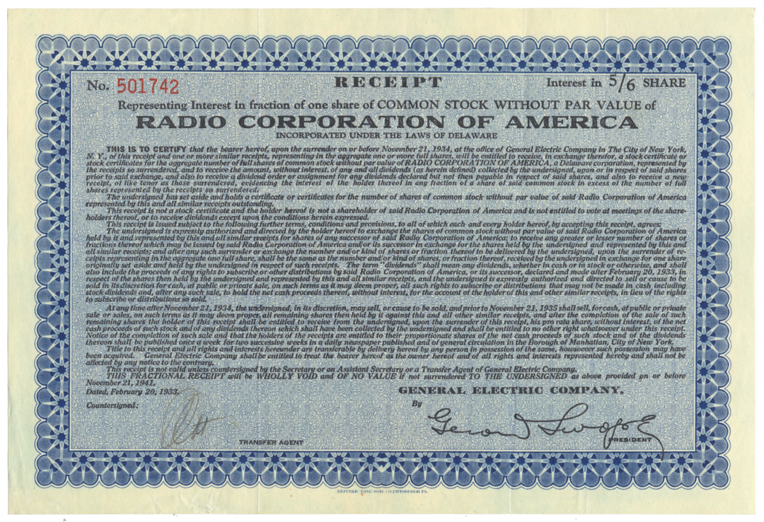 Radio Corporation of America (RCA) Stock Certificate