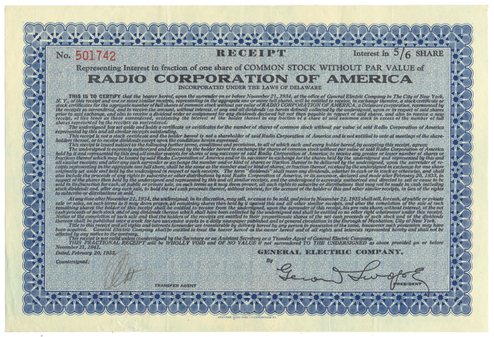 Radio Corporation of America (RCA) Stock Certificate