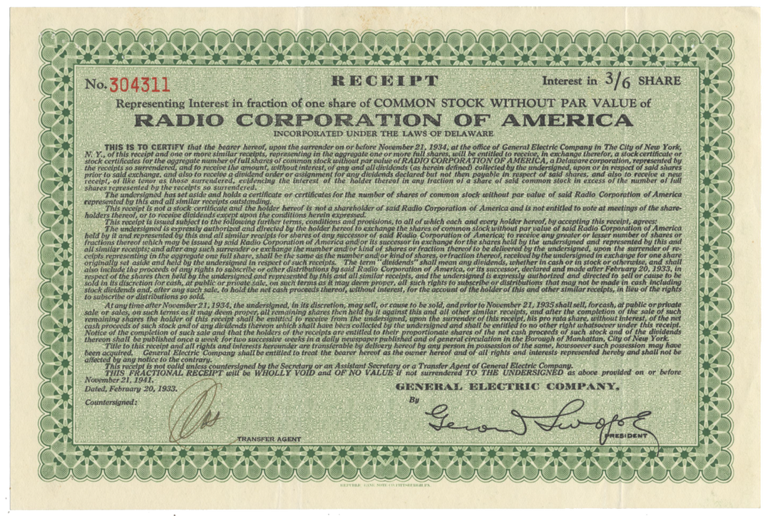 Radio Corporation of America (RCA) Stock Certificate