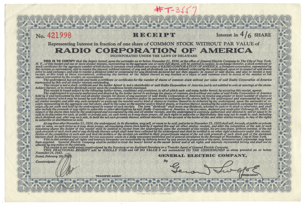 Radio Corporation of America (RCA) Stock Certificate