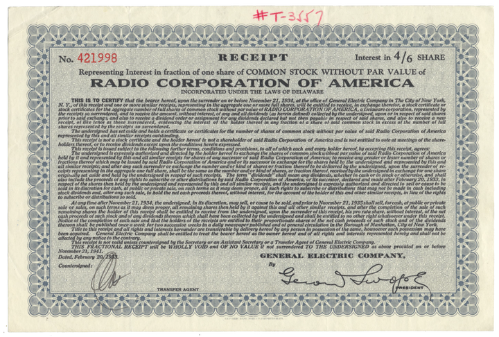 Radio Corporation of America (RCA) Stock Certificate