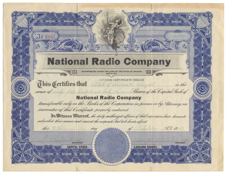 National Radio Company Stock Certificate