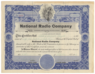 National Radio Company Stock Certificate