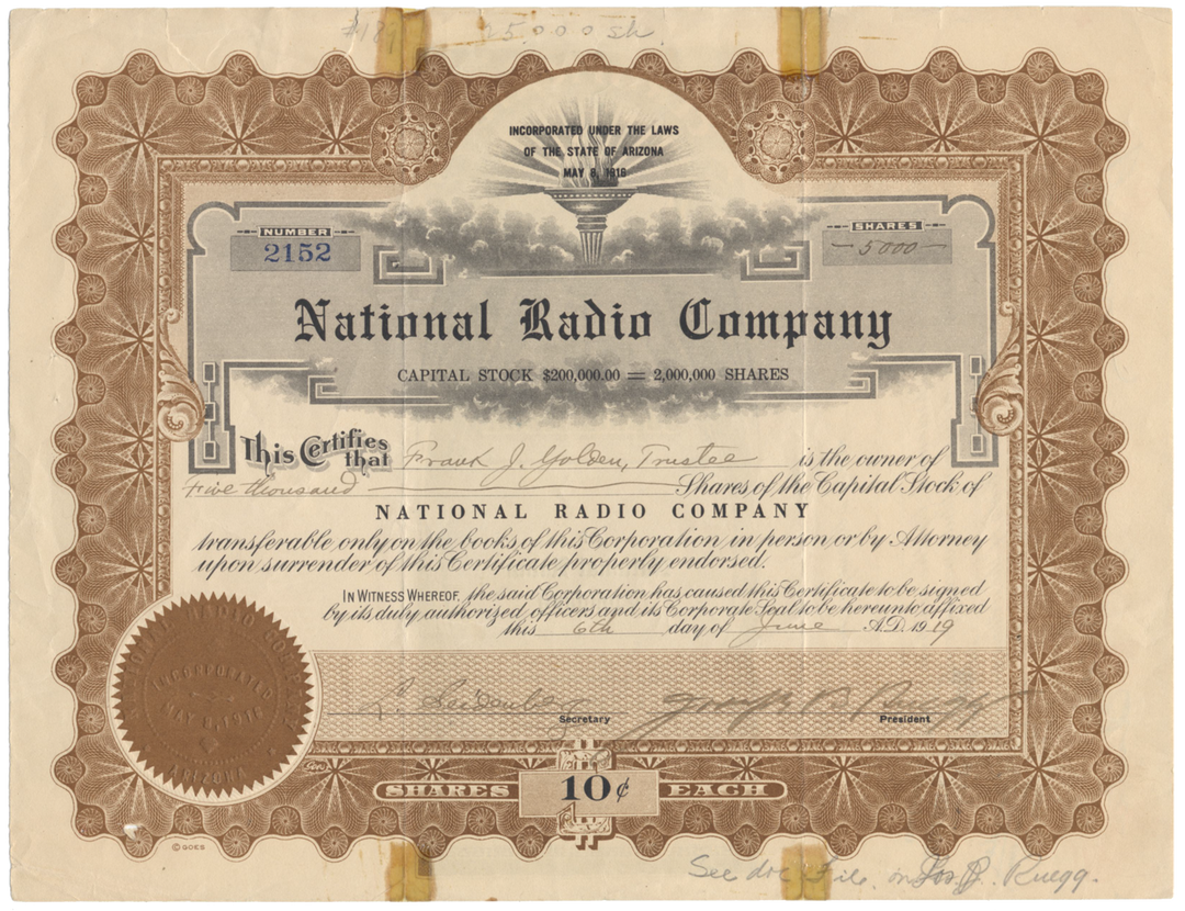 National Radio Company Stock Certificate