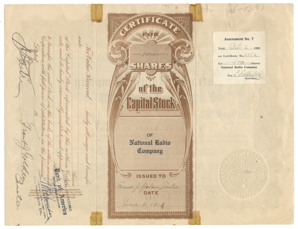 National Radio Company Stock Certificate