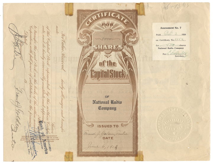 National Radio Company Stock Certificate