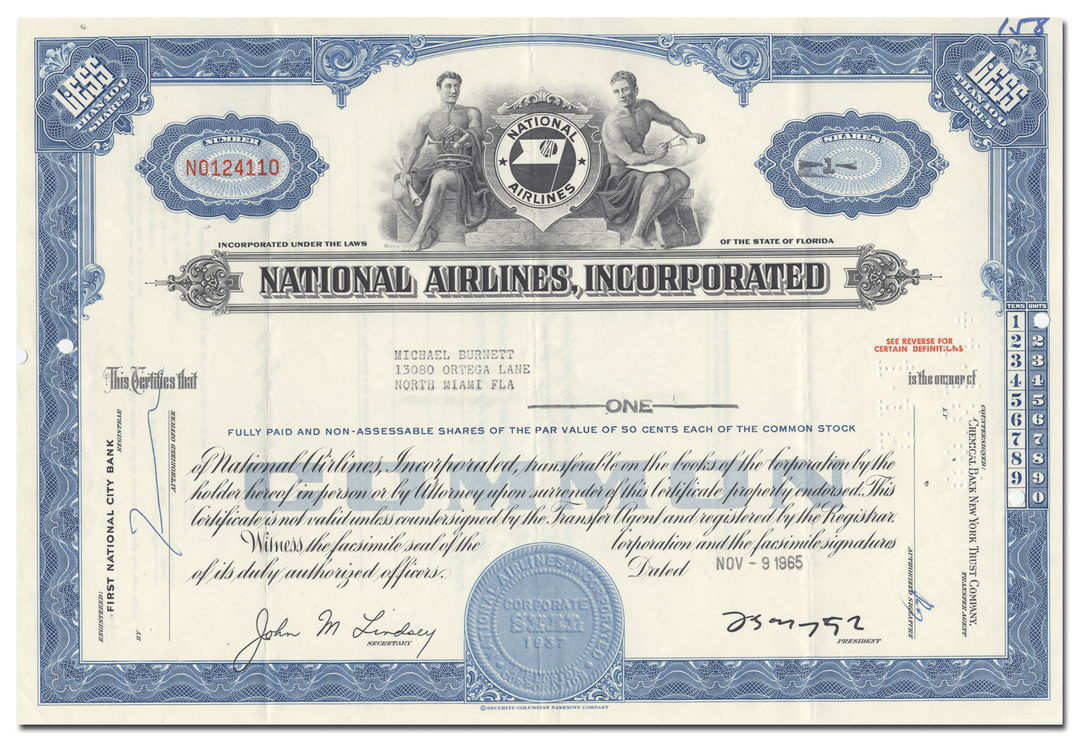 National Airlines, Incorporated Stock Certificate