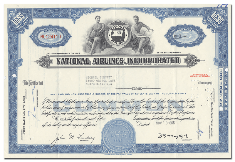 National Airlines, Incorporated Stock Certificate