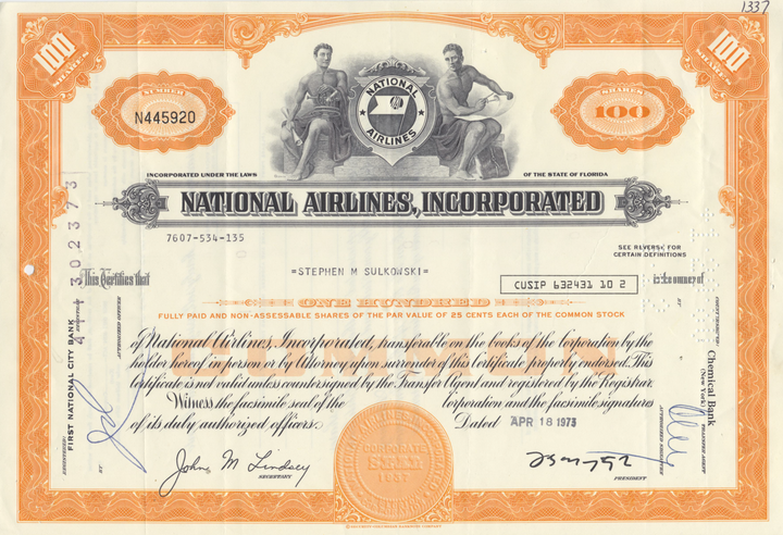 National Airlines, Incorporated Stock Certificate