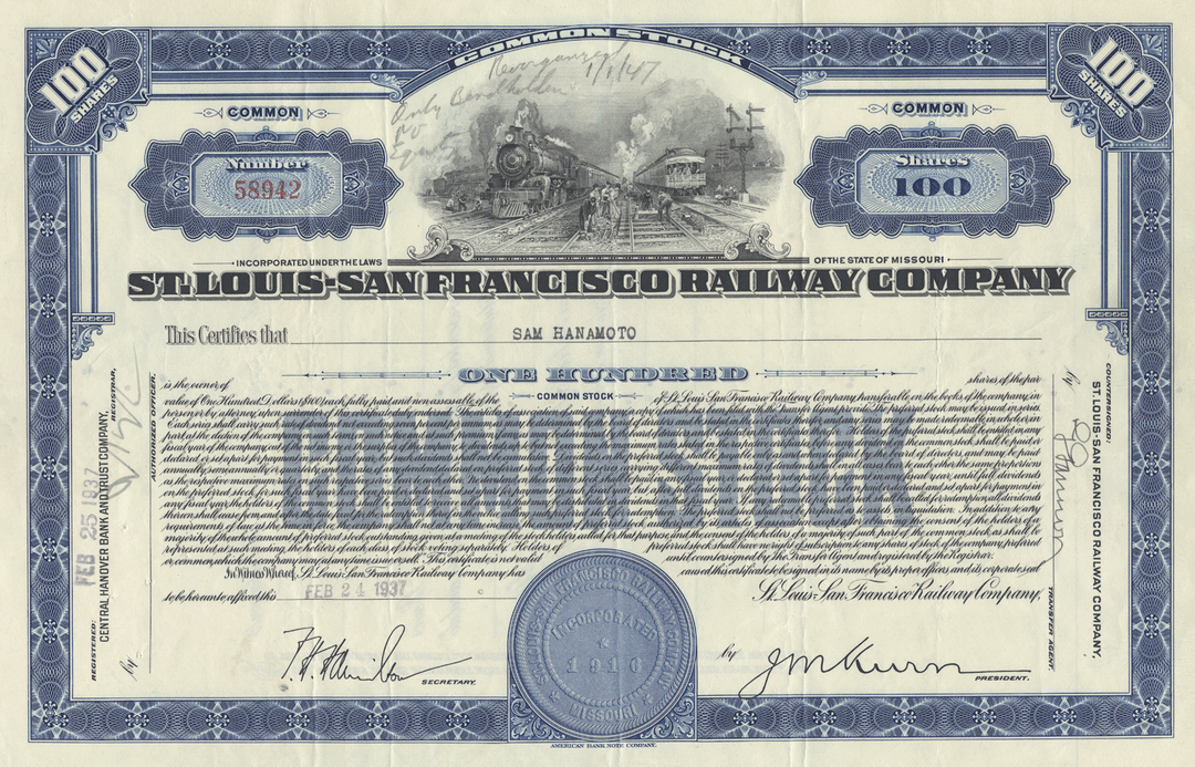 St. Louis - San Francisco Railway Company Stock Certificate