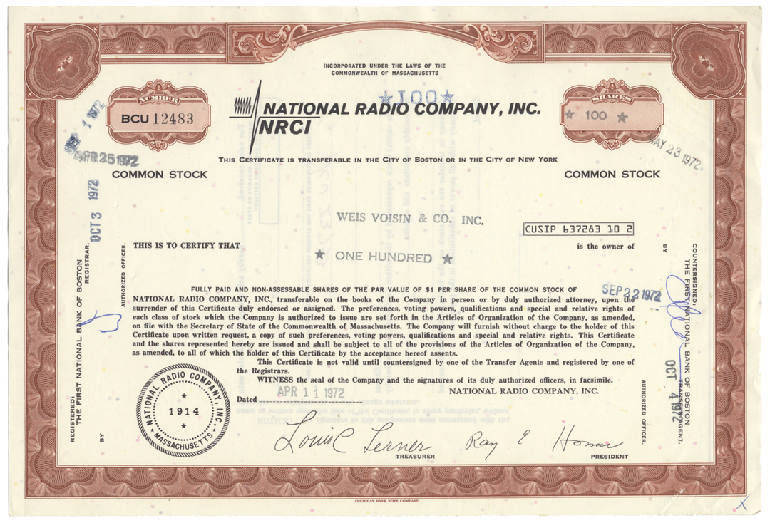 National Radio Company, Inc. Stock Certificate