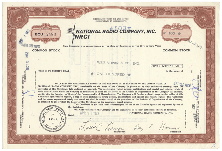 National Radio Company, Inc. Stock Certificate