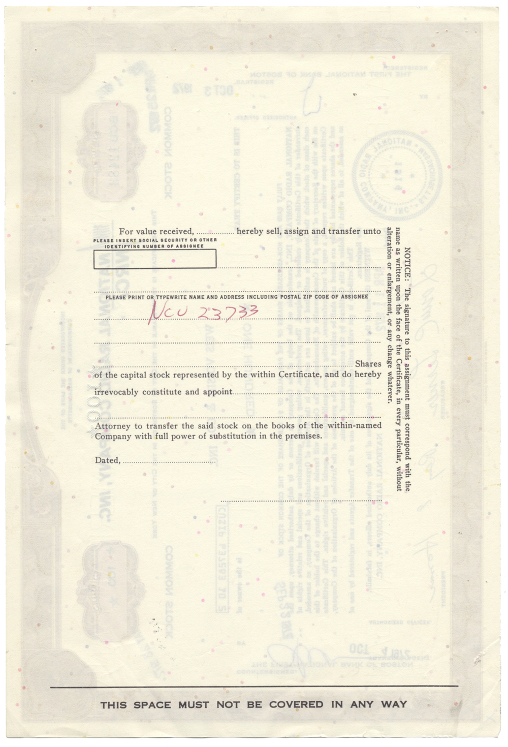 National Radio Company, Inc. Stock Certificate