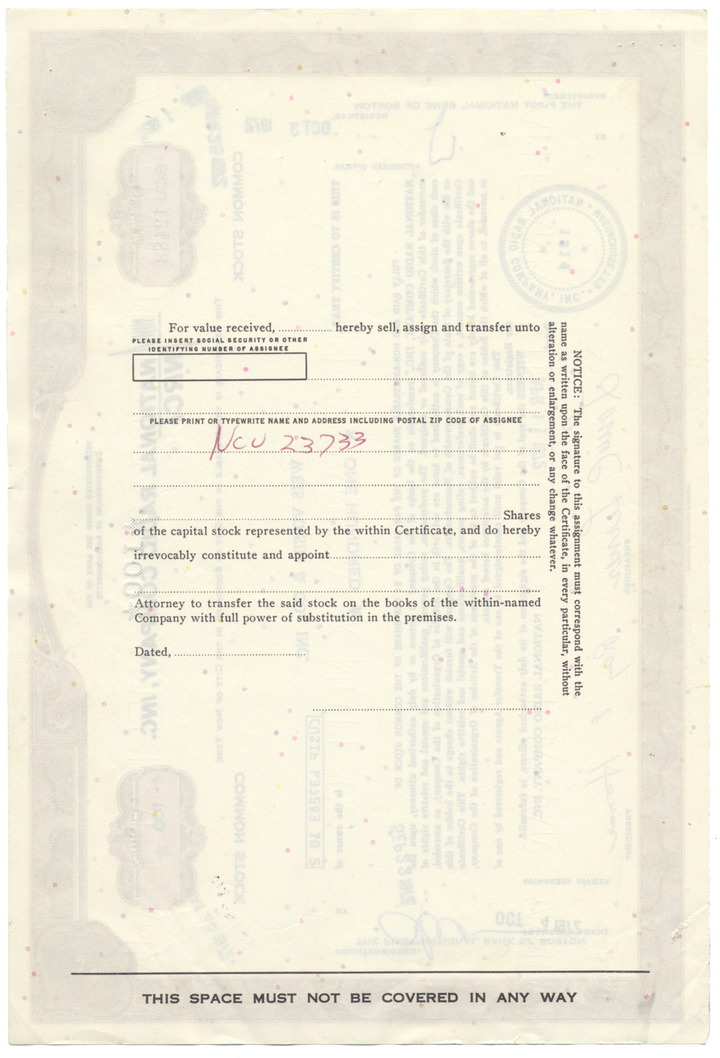 National Radio Company, Inc. Stock Certificate