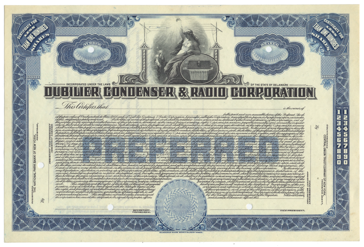 Dubilier Condenser & Radio Corporation Stock Certificate