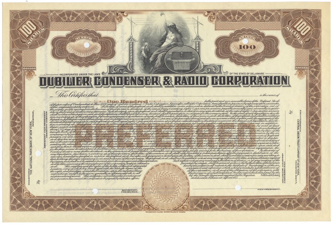 Dubilier Condenser & Radio Corporation Stock Certificate