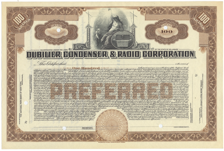 Dubilier Condenser & Radio Corporation Stock Certificate