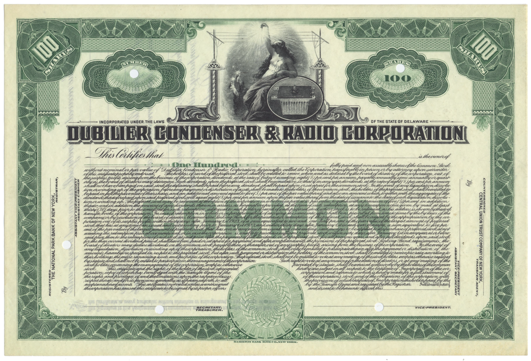 Dubilier Condenser & Radio Corporation Stock Certificate