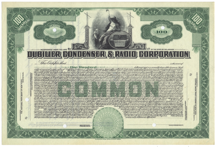 Dubilier Condenser & Radio Corporation Stock Certificate