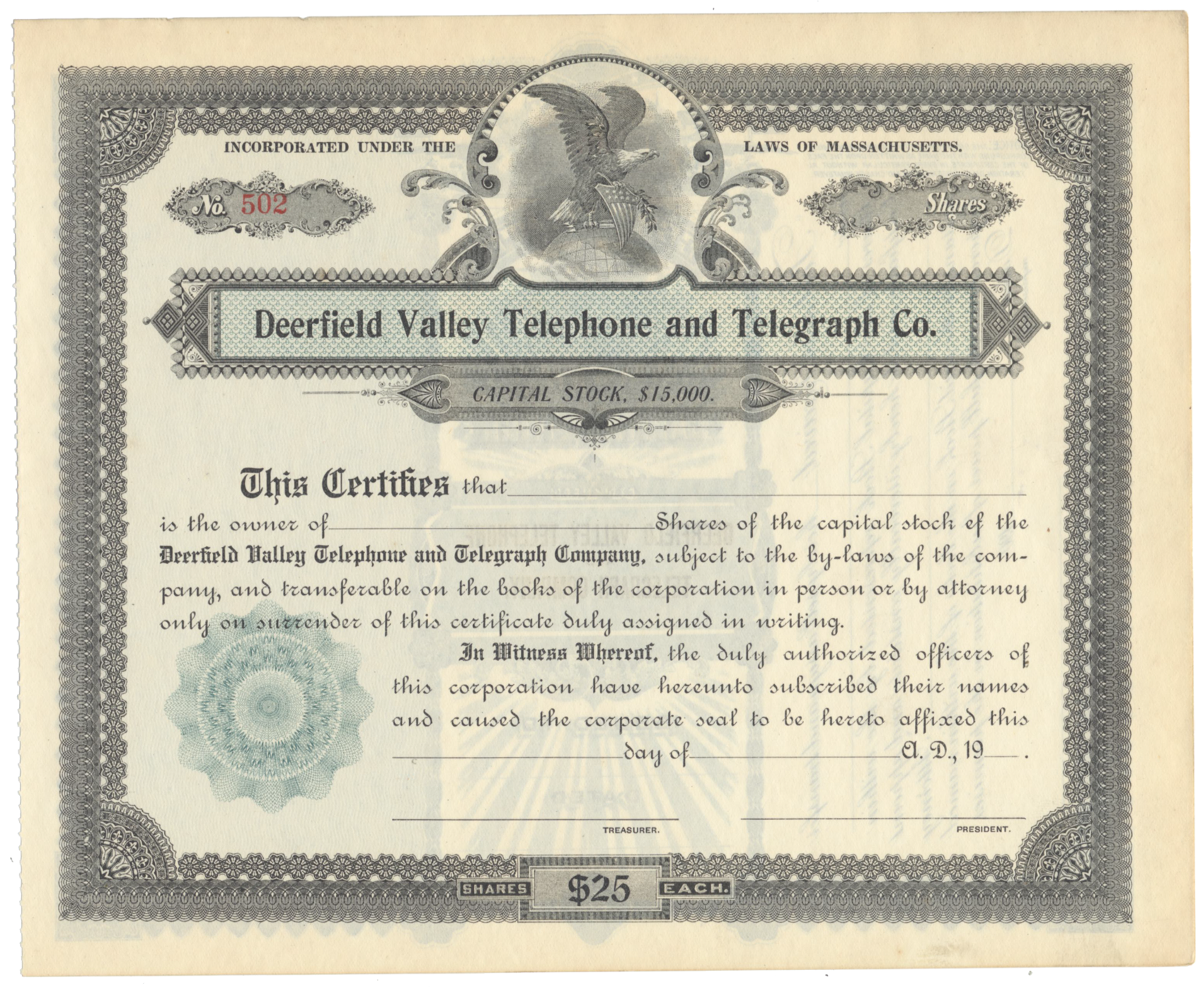 Deerfield Valley Telephone and Telegraph Co. Stock Certificate