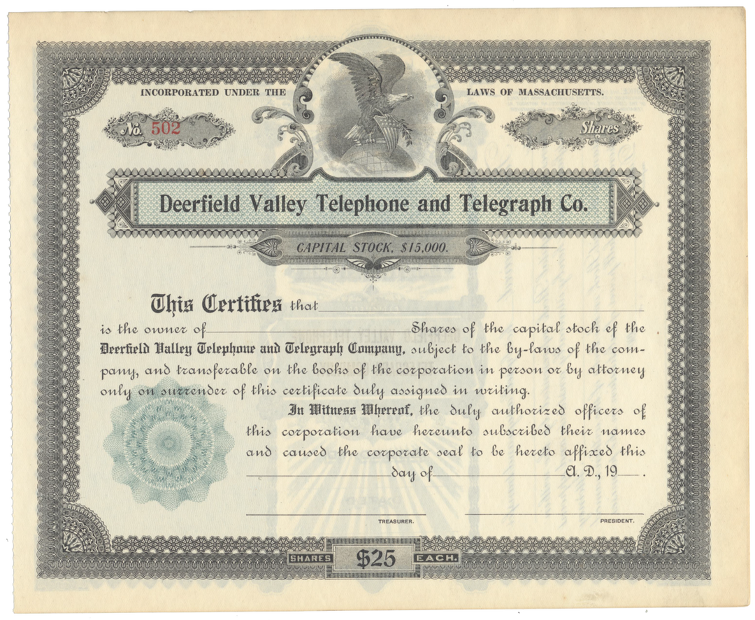 Deerfield Valley Telephone and Telegraph Co. Stock Certificate