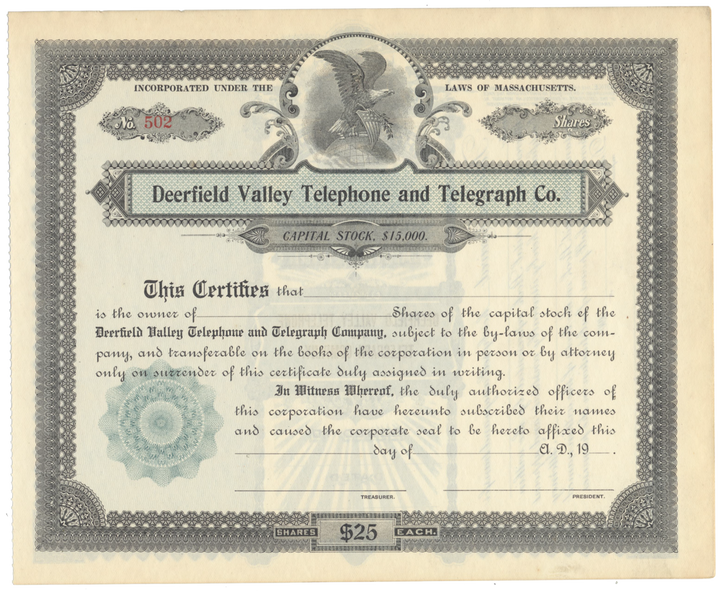 Deerfield Valley Telephone and Telegraph Co. Stock Certificate