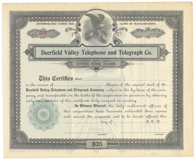 Deerfield Valley Telephone and Telegraph Co. Stock Certificate