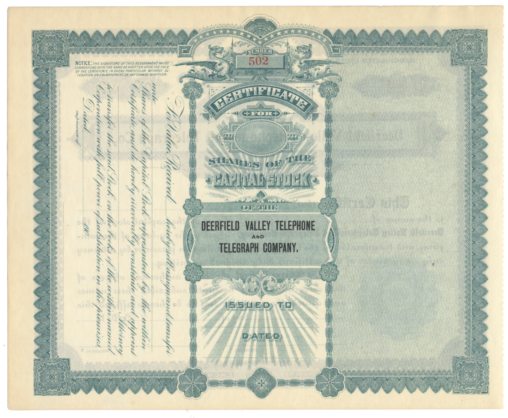 Deerfield Valley Telephone and Telegraph Co. Stock Certificate